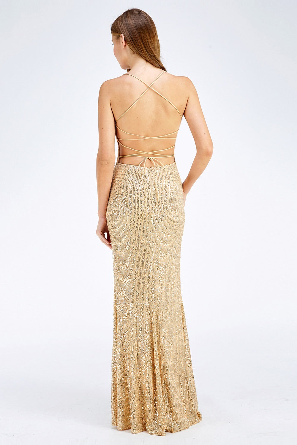 Fitted Sequin Strappy Back Prom Dress with Leg Slit