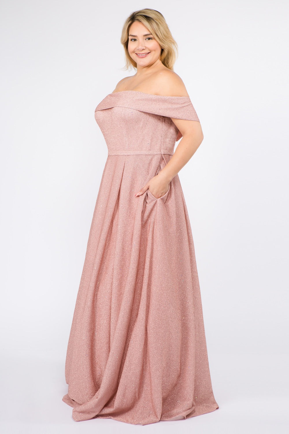 Shimmer Off The Shoulder A-Line Prom Dress with Pockets