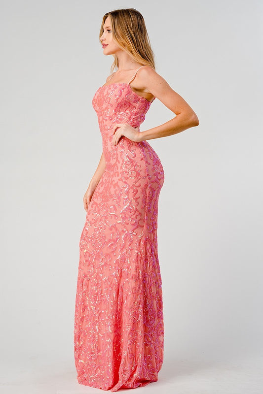 IRIDESCENT SEQUIN FITTED MERMAID DRESS - CORAL