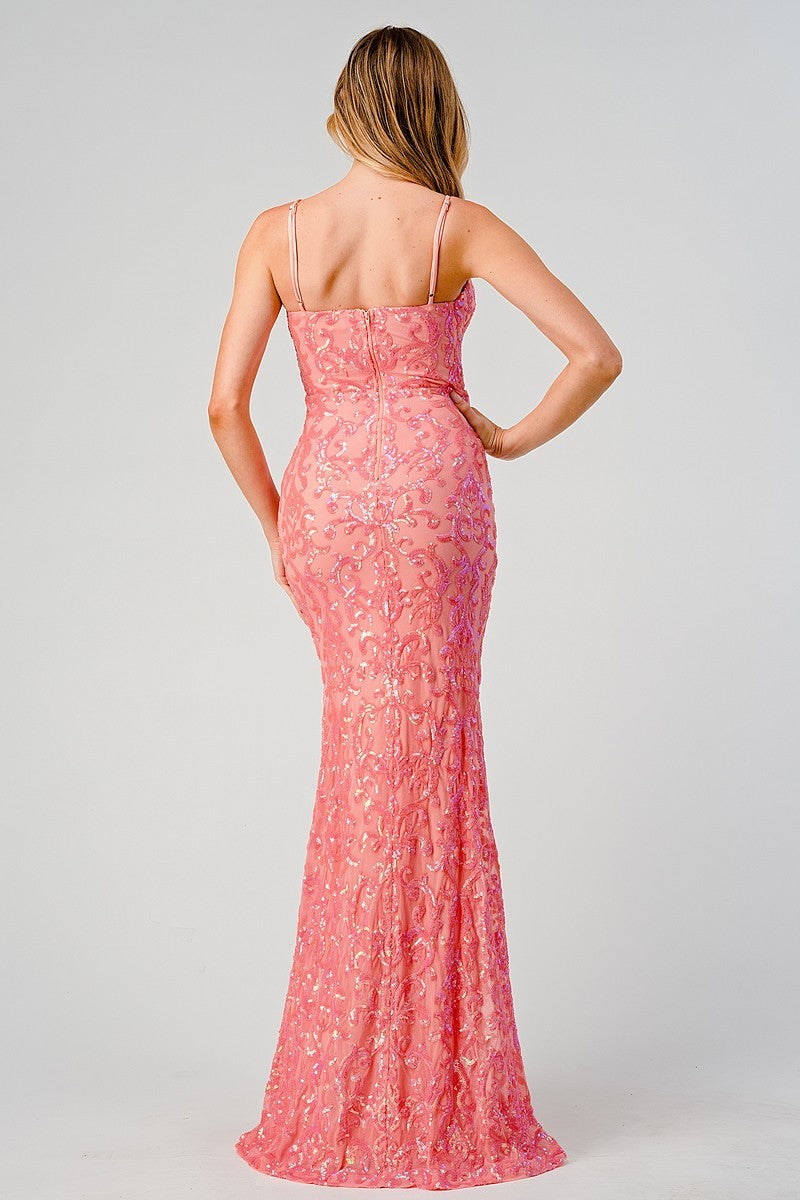 IRIDESCENT SEQUIN FITTED MERMAID DRESS - CORAL